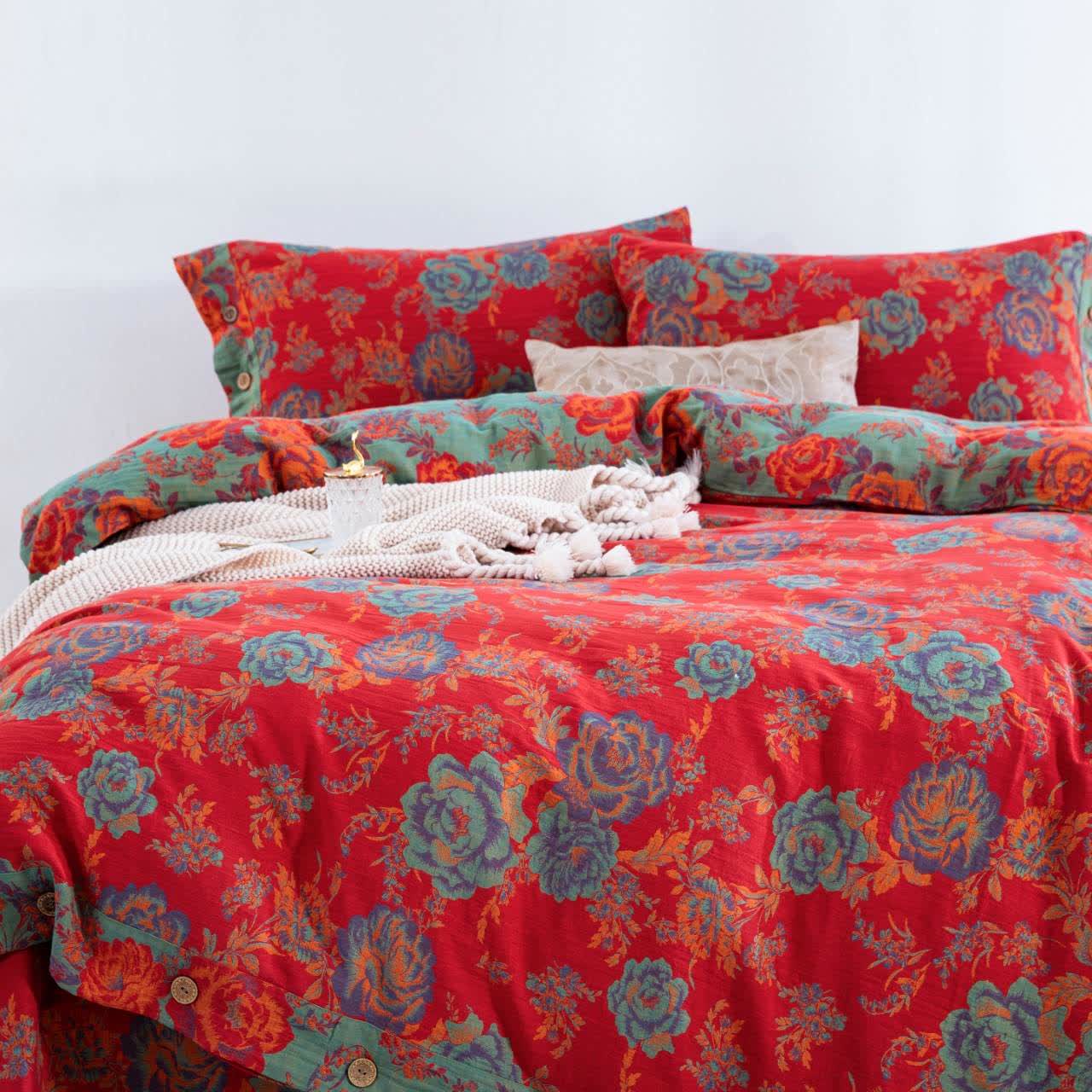 Ownkoti Pfingstrosen-Bettwäsche aus reiner Baumwollgaze (4-teilig) - image 1