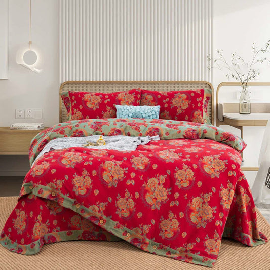 Ownkoti Luxuriöse Bettwäsche aus reiner Baumwollgaze mit Blumenmuster (4-teilig) - 220cm x 240cm - image 0