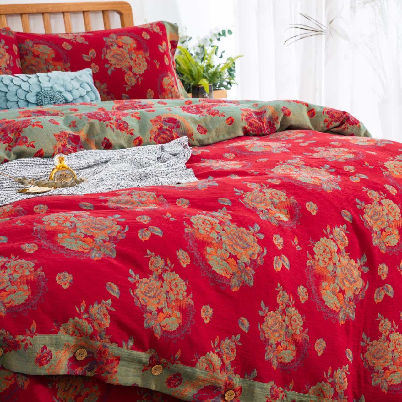 Ownkoti Luxuriöse Bettwäsche aus reiner Baumwollgaze mit Blumenmuster (4-teilig) - image 3