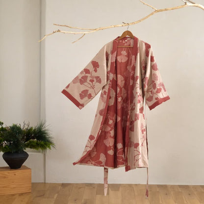 Großer Kimono-Bademantel aus Baumwolle mit Ginkgoblättern - Nude & Rot - 2XL - image 20
