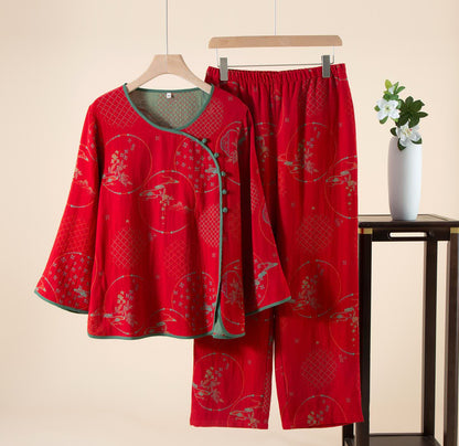 Ownkoti Oriental Retro Jacquard Baumwollgaze Loungewear - Rot - XL - image 5