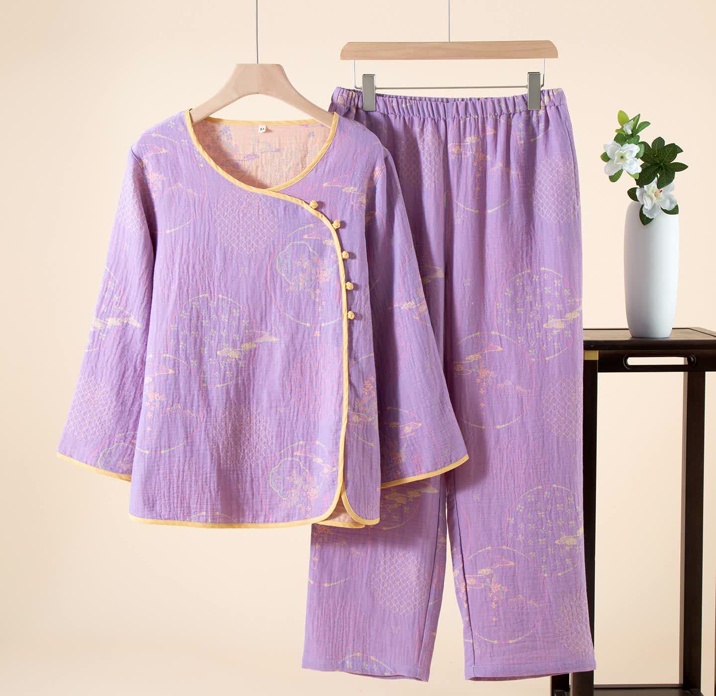 Ownkoti Oriental Retro Jacquard Baumwollgaze Loungewear - Lila - XL - image 2