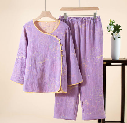 Ownkoti Oriental Retro Jacquard Baumwollgaze Loungewear - Lila - XL - image 2