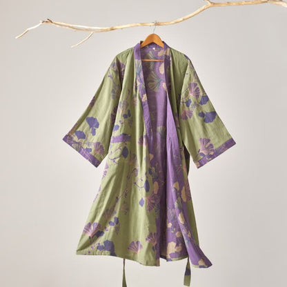 Kimono-Bademantel aus Baumwollgaze und Ginkgo - Grün - XL - image 17