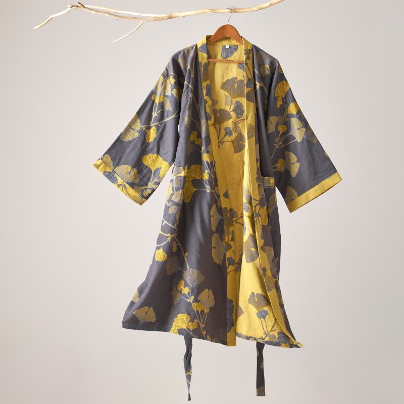 Ownkoti Kimono-Bademantel aus Baumwollgaze und Ginkgo - Dunkelgrau - XL - image 26