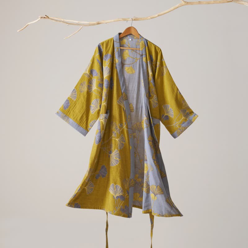 Kimono-Bademantel aus Baumwollgaze und Ginkgo - Dunkelgelb - XL - image 40