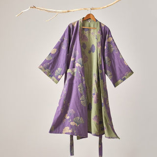Kimono-Bademantel aus Baumwollgaze und Ginkgo - Lila - XL - image 0