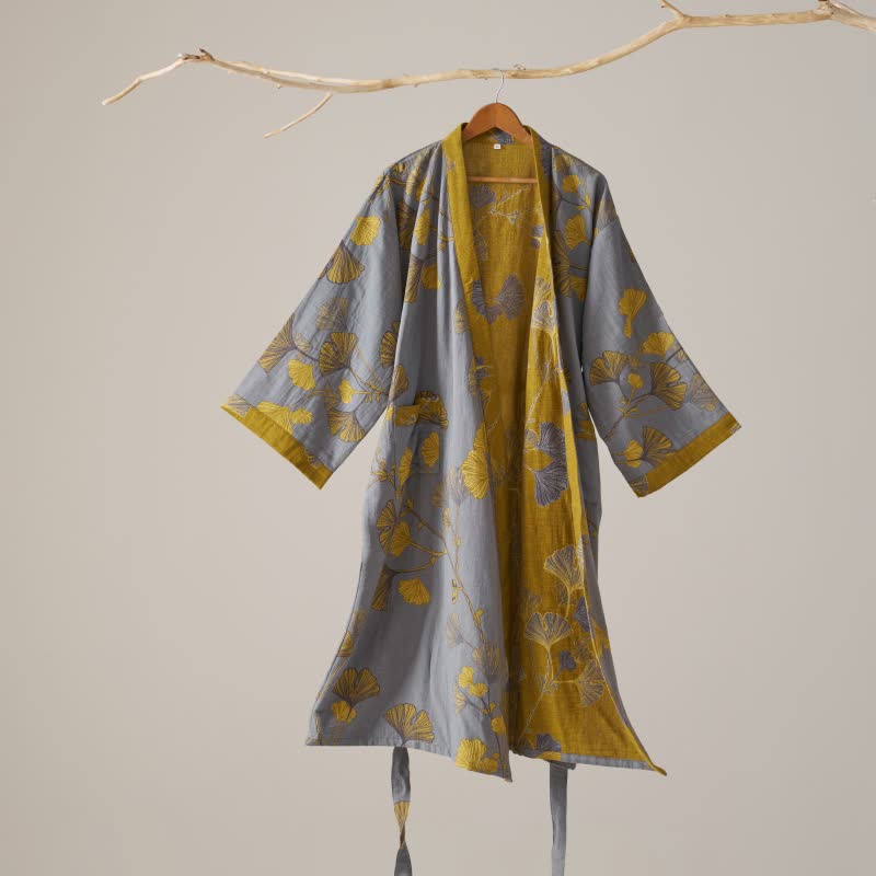 Ownkoti Kimono-Bademantel aus Baumwollgaze und Ginkgo - Hellgrau - XL - image 32