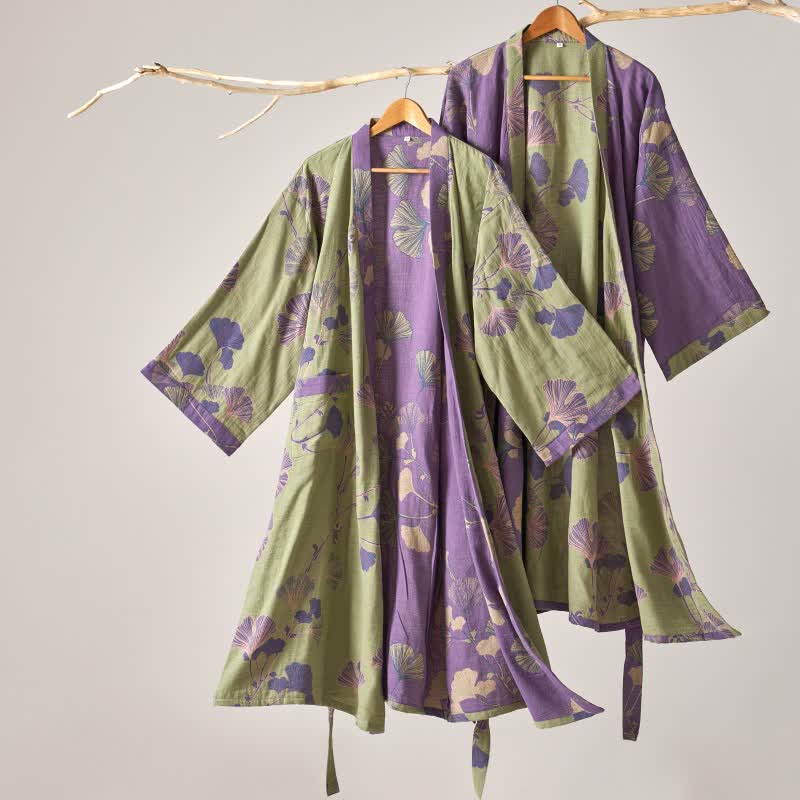 Kimono-Bademantel aus Baumwollgaze und Ginkgo - image 1