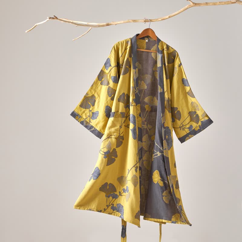 Kimono-Bademantel aus Baumwollgaze und Ginkgo - Gelb - XL - image 9