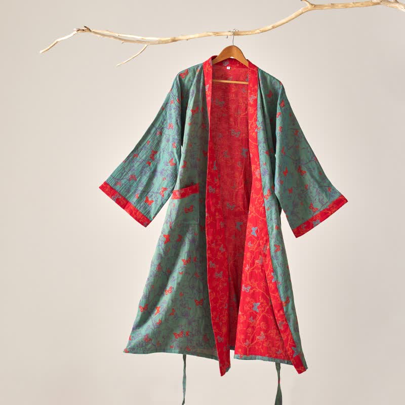 Ownkoti Kimono-Bademantel aus Baumwollgaze im Vintage-Schmetterlingsstil - Grün - XL - image 10