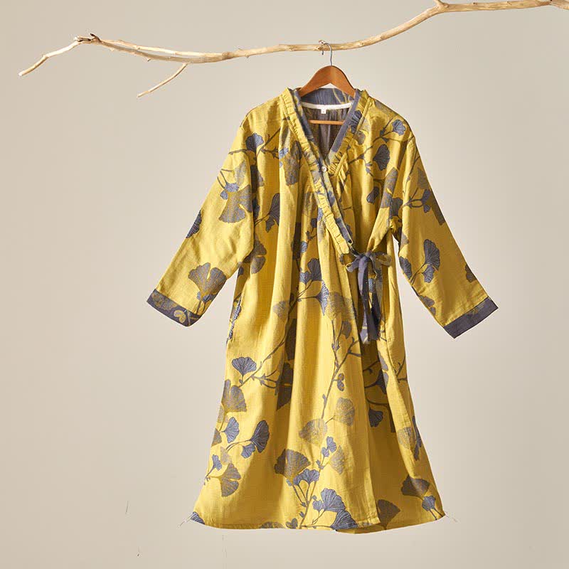 Nachthemd aus Baumwolle im Hanfu-Stil mit Ginkgoblattmuster - Gelb - XL - image 0