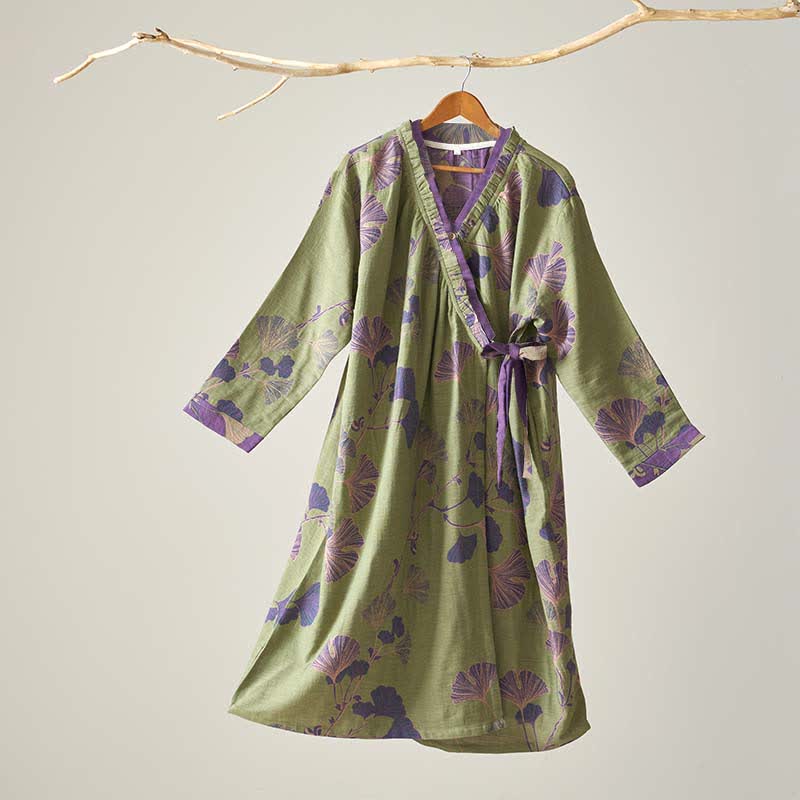 Nachthemd aus Baumwolle im Hanfu-Stil mit Ginkgoblattmuster - Grün - XL - image 8