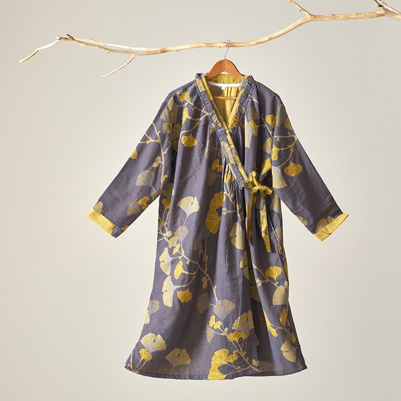 Nachthemd aus Baumwolle im Hanfu-Stil mit Ginkgoblattmuster - Dunkelgrau - XL - image 12