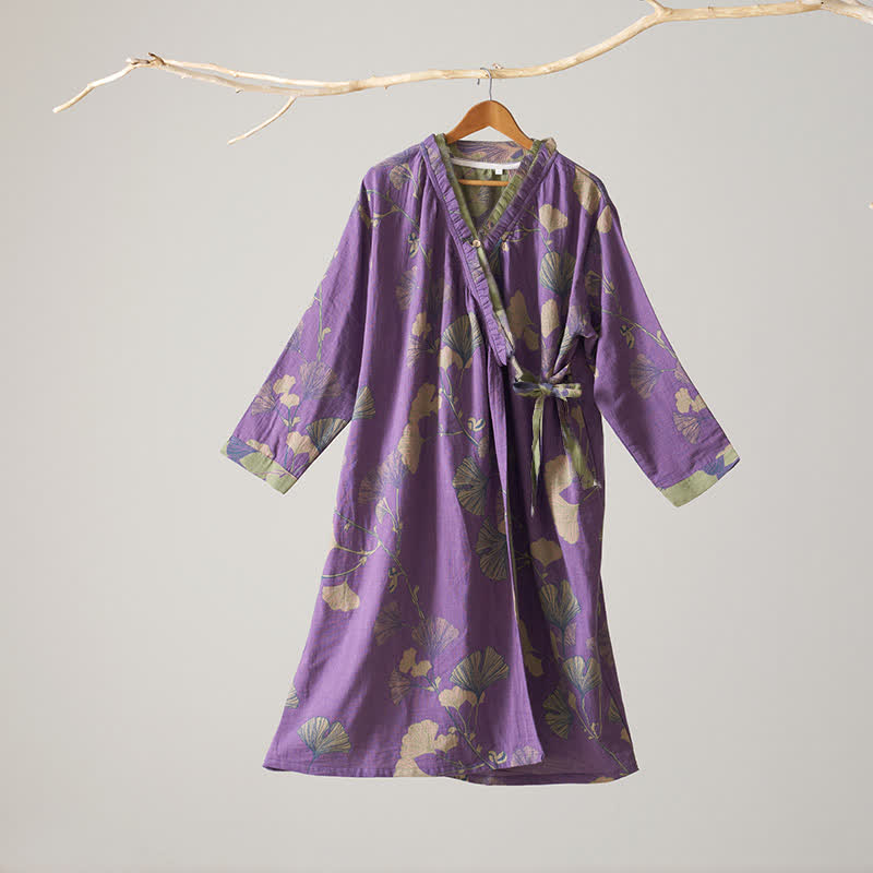 Nachthemd aus Baumwolle im Hanfu-Stil mit Ginkgoblattmuster - Lila - XL - image 20