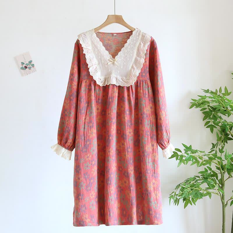 Ownkoti Nachthemd mit langen Ärmeln aus Baumwollgaze mit Blumenmuster - Rosa - XL - image 3