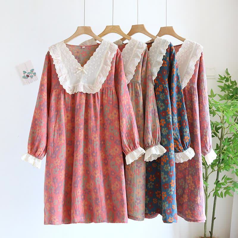 Ownkoti Nachthemd mit langen Ärmeln aus Baumwollgaze mit Blumenmuster - image 0