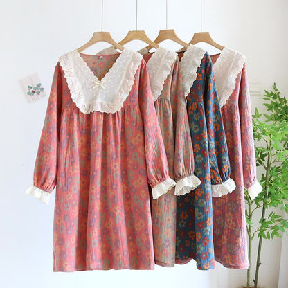 Ownkoti Nachthemd mit langen Ärmeln aus Baumwollgaze mit Blumenmuster - image 0