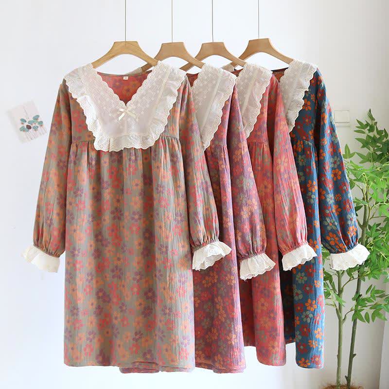 Ownkoti Nachthemd mit langen Ärmeln aus Baumwollgaze mit Blumenmuster - image 1