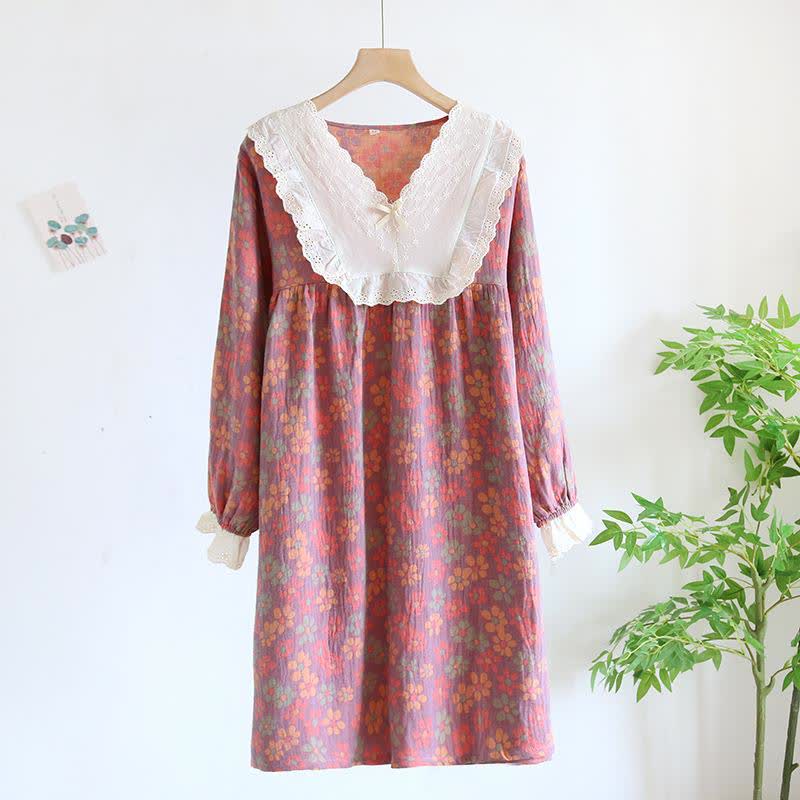 Ownkoti Nachthemd mit langen Ärmeln aus Baumwollgaze mit Blumenmuster - Lila - XL - image 14