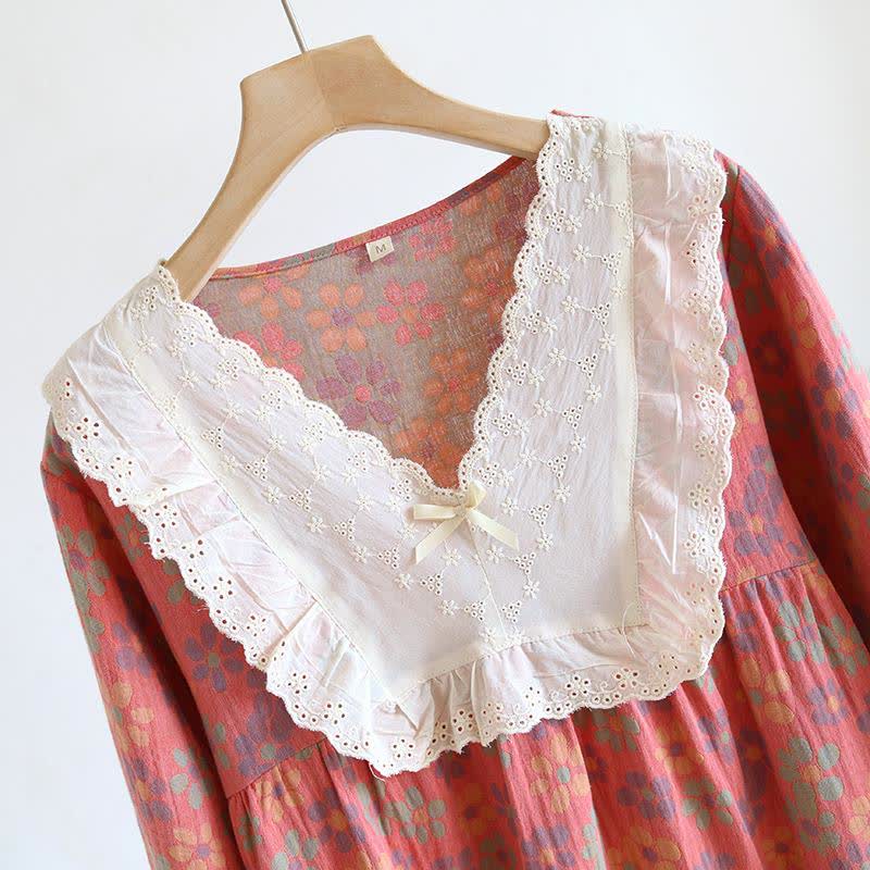 Ownkoti Nachthemd mit langen Ärmeln aus Baumwollgaze mit Blumenmuster - image 5