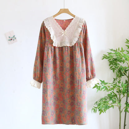 Ownkoti Nachthemd mit langen Ärmeln aus Baumwollgaze mit Blumenmuster - Grün - XL - image 12