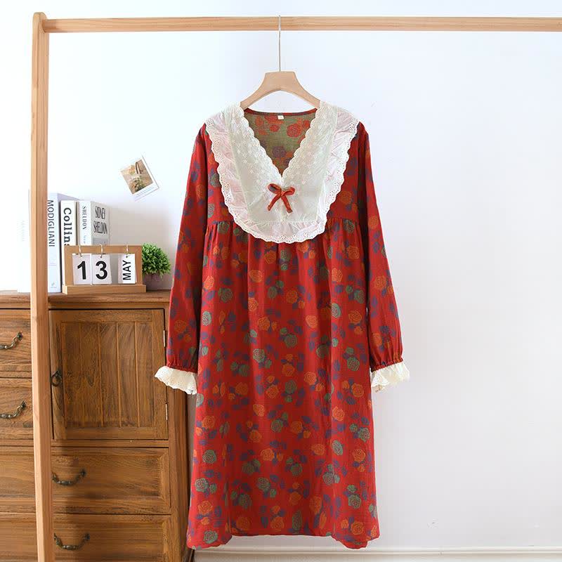 Ownkoti Rose Baumwollgaze Langarm-Nachthemd - Rot - XL - image 0