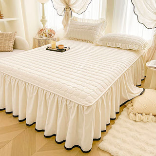 Ownkoti kariertes Steppbettlaken - Beige - Bettrock-Spannbettlaken mit 2 Kissenbezügen - 200cm x 220cm - image 0