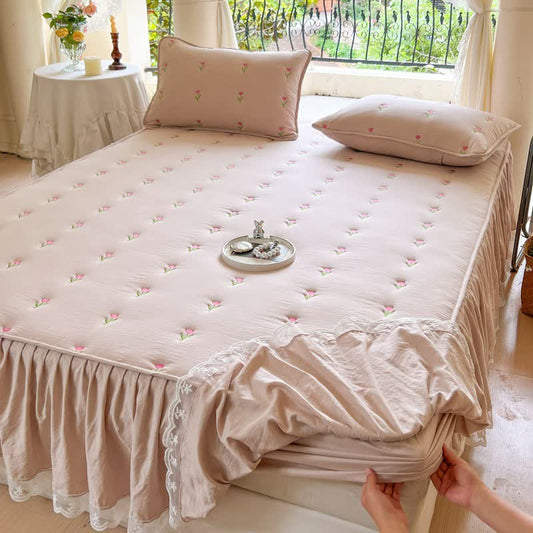 Ownkoti Tulpen-besticktes Bettlaken - Sekt - 2 Kissenbezüge - 48cm x 74cm - image 0