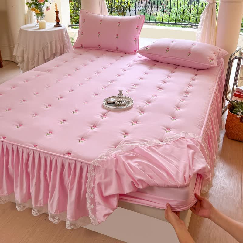 Ownkoti Tulpen-besticktes Bettlaken - Rosa - 2 Kissenbezüge - 48cm x 74cm - image 6