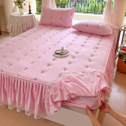 Ownkoti Tulpen-besticktes Bettlaken - Rosa - 2 Kissenbezüge - 48cm x 74cm - image 6