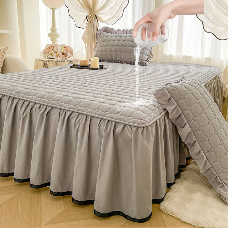 Ownkoti kariertes Steppbettlaken - Hellgrau - Bettrock-Spannbettlaken mit 2 Kissenbezügen - 200cm x 220cm - image 8