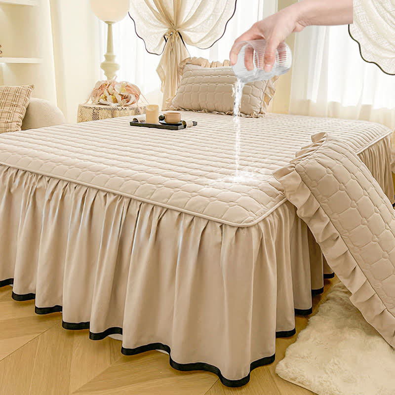 Ownkoti kariertes Steppbettlaken - Leichter Kaffee - Bettrock-Spannbettlaken mit 2 Kissenbezügen - 200cm x 220cm - image 11