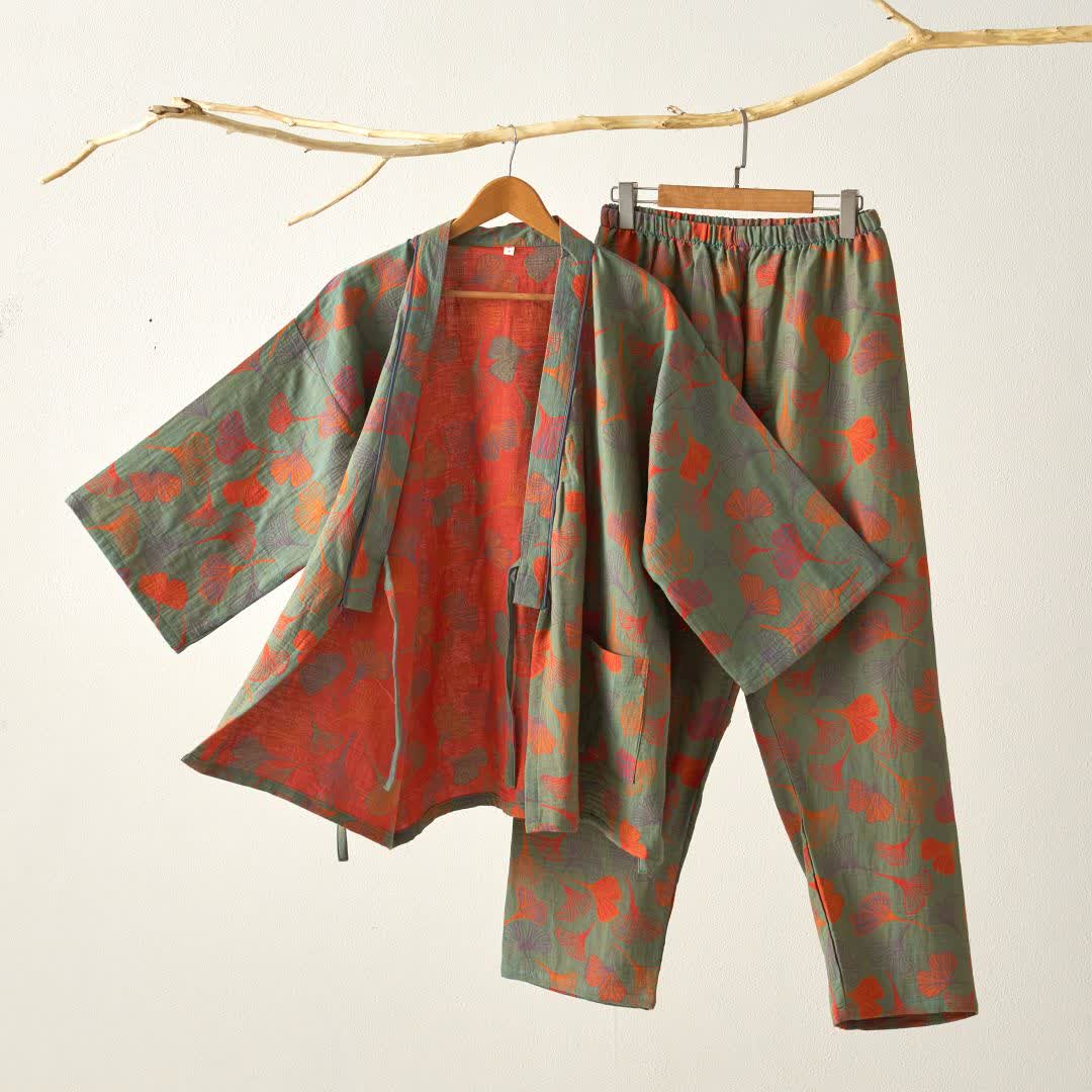 Kimono-Loungewear-Set aus Ginkgo-Baumwollgaze - Grün - XL - image 29