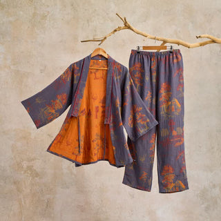Neutrales Kimono-Pyjama-Set aus Baumwolle mit Landschaftsmotiv - Grau Blau - XL - image 0