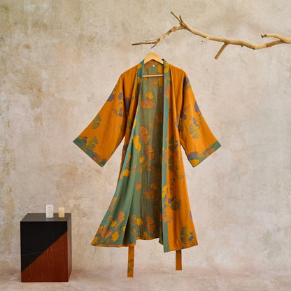 Großer Kimono-Bademantel aus Baumwolle mit Ginkgoblättern - Gelb & Grün - XL - image 8