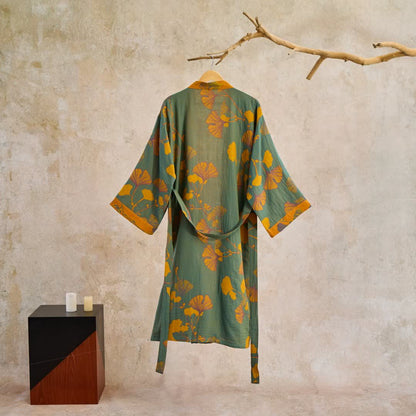 Großer Kimono-Bademantel aus Baumwolle mit Ginkgoblättern - image 7