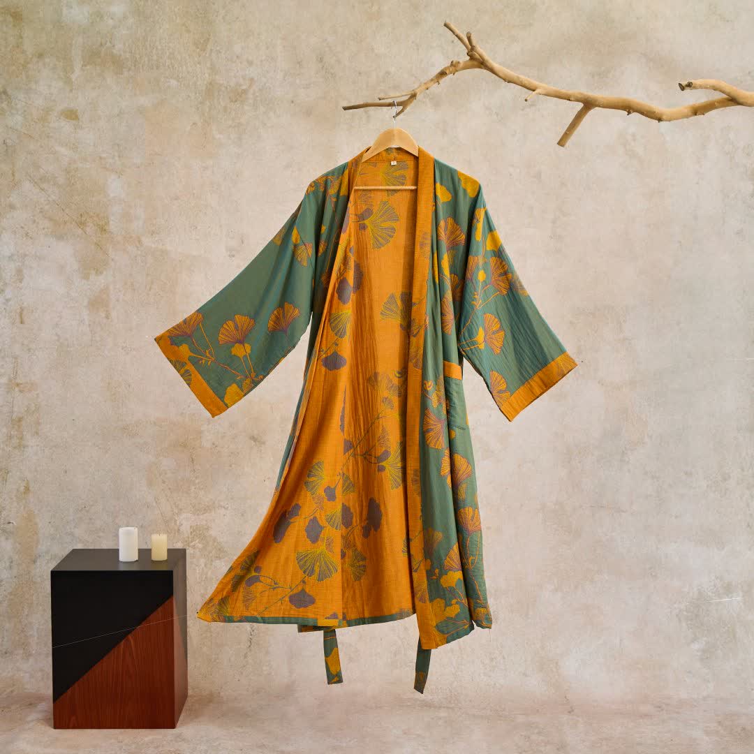 Großer Kimono-Bademantel aus Baumwolle mit Ginkgoblättern - Grün & Gelb - XL - image 6