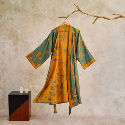 Großer Kimono-Bademantel aus Baumwolle mit Ginkgoblättern - Grün & Gelb - XL - image 6