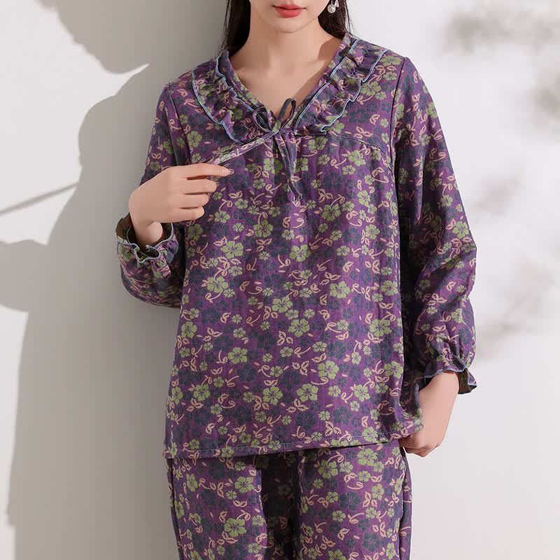 Ownkoti Pfirsichblüten-Jacquard-Rüschen-Baumwoll-Loungewear - 4XL - image 0