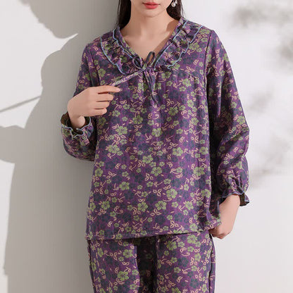 Ownkoti Pfirsichblüten-Jacquard-Rüschen-Baumwoll-Loungewear - 4XL - image 0