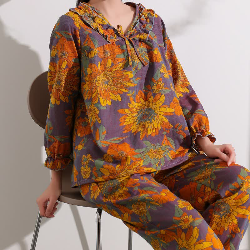 Ownkoti Chrysanthemen-Jacquard-Rüschen-Baumwoll-Loungewear - 4XL - image 0