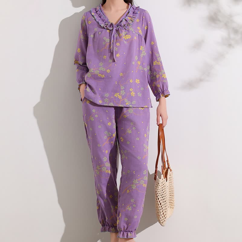 Ownkoti Loungewear-Set aus Baumwolle mit floralem Jacquard-Muster und Rüschen - 4XL - image 1