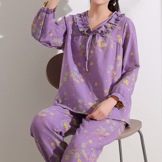 Ownkoti Loungewear-Set aus Baumwolle mit floralem Jacquard-Muster und Rüschen - image 0