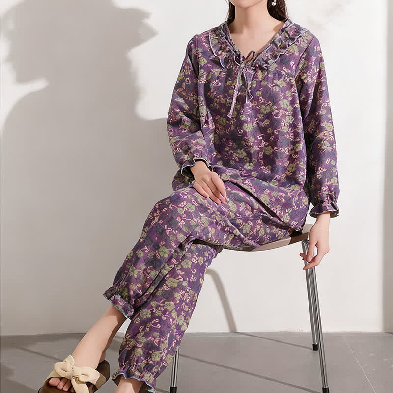 Ownkoti Pfirsichblüten-Jacquard-Rüschen-Baumwoll-Loungewear - image 2