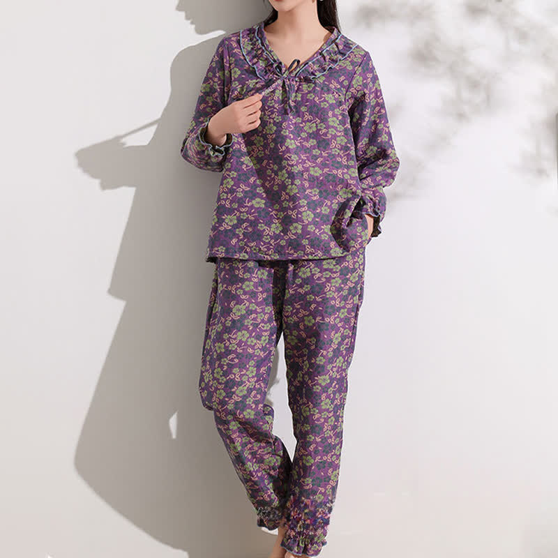 Ownkoti Pfirsichblüten-Jacquard-Rüschen-Baumwoll-Loungewear - image 1
