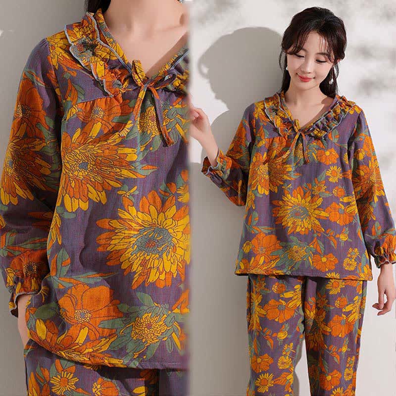 Ownkoti Chrysanthemen-Jacquard-Rüschen-Baumwoll-Loungewear - image 2