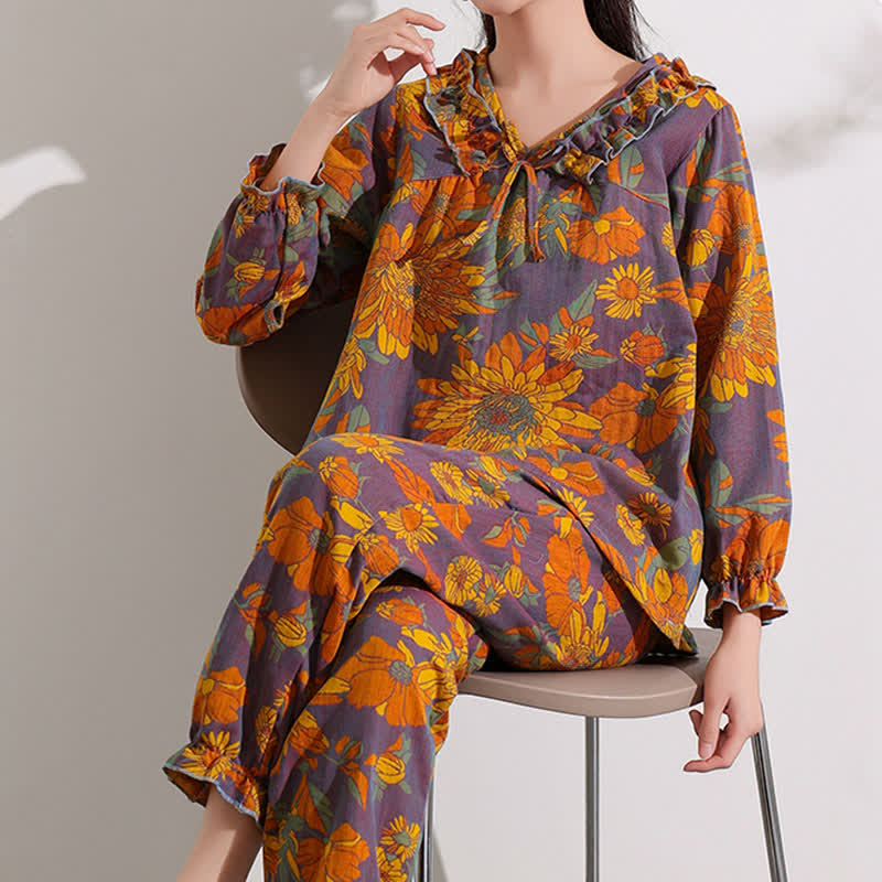 Ownkoti Chrysanthemen-Jacquard-Rüschen-Baumwoll-Loungewear - image 1