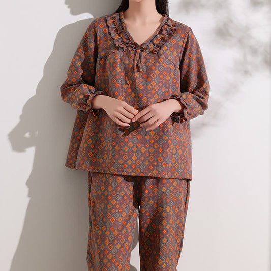 Ownkoti Loungewear-Set aus Baumwolle mit geometrischem Jacquard-Muster und Rüschen - image 0