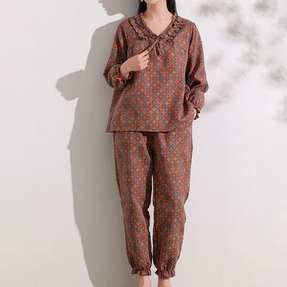 Ownkoti Loungewear-Set aus Baumwolle mit geometrischem Jacquard-Muster und Rüschen - 4XL - image 1
